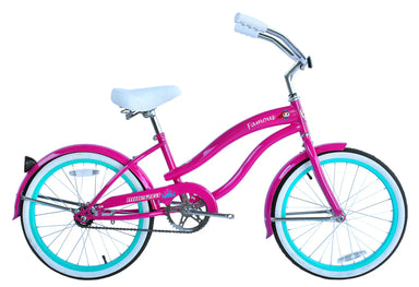 Pink bicycle with turquoise tires on a white background